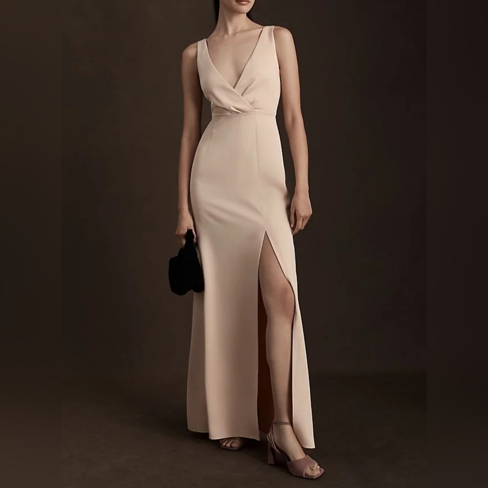 BHLDN by Anthropologie Women's Piper V-Neck Side-Slit Satin Gown in Oyster, 26W